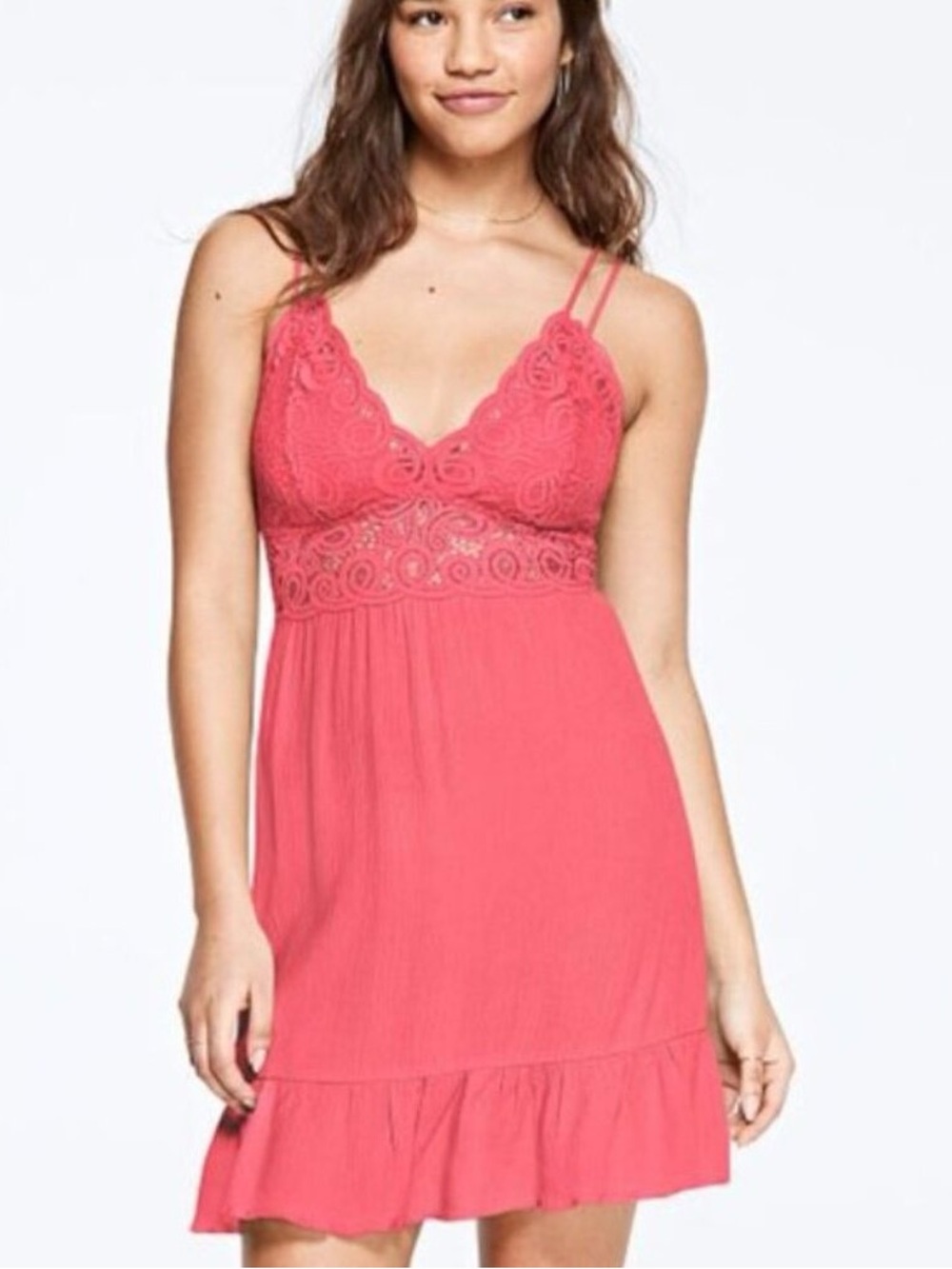 2019 NWT Victoria's Secret Coral Lace-Trim Chemise dress with Double Straps